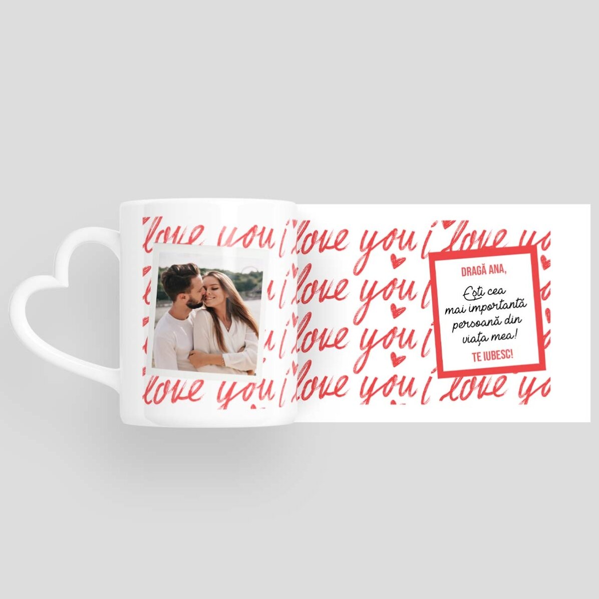 Personalisierte Tasse mit Foto und Text – Ich liebe dich! – Modell mit herzförmigem Henkel