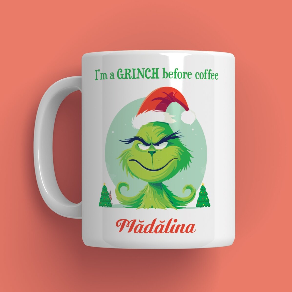Personalisierte Tasse mit Aufdruck – „Grinch before coffee“