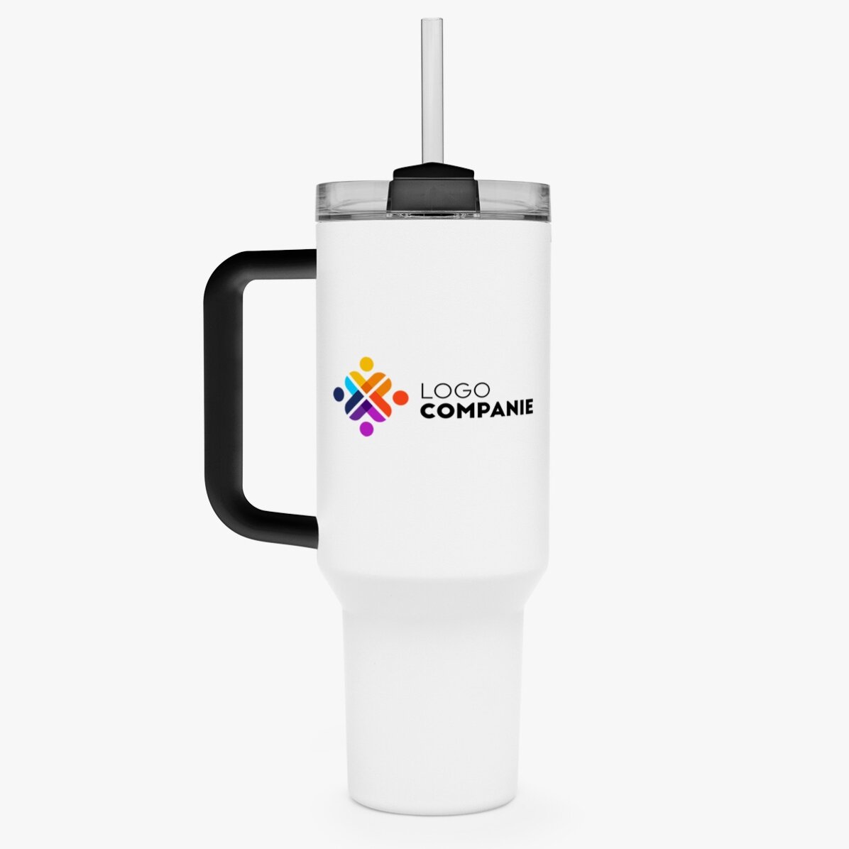 Thermosbecher mit Griff und Strohhalm, individuell mit Logo bedruckt