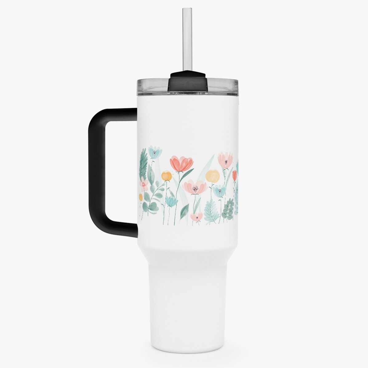 Thermosbecher mit Henkel und Strohhalm, individuell mit Namen bedruckt – Flowers