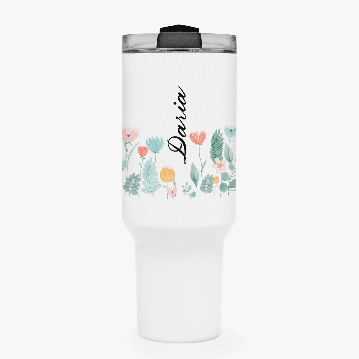 Thermosbecher mit Henkel und Strohhalm, individuell mit Namen bedruckt – Flowers