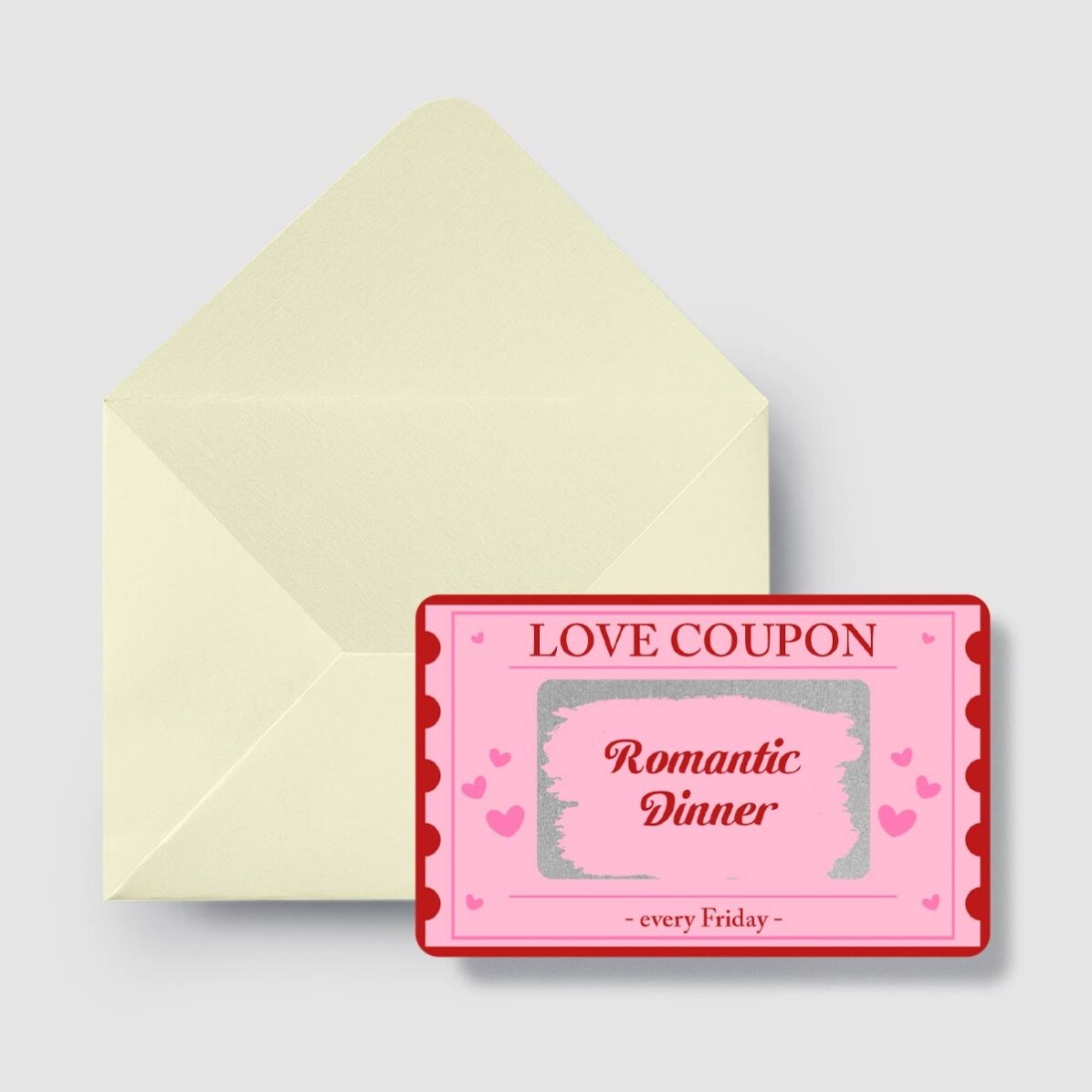 Individuell gestaltete, beidseitig bedruckte Aluminium-Rubbelkarte mit Botschaft – Love Coupon