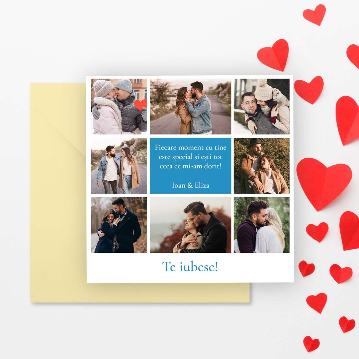 Individuell gestaltete quadratische Karte mit 8 Fotos und einer Botschaft – Love