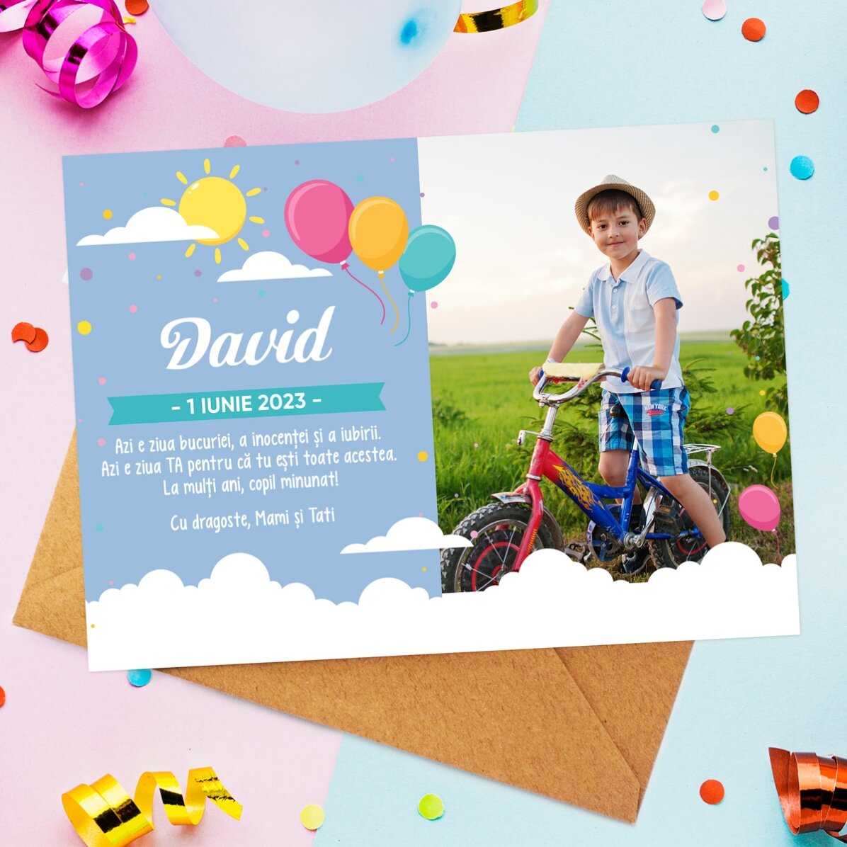 Individuell gestaltete Karte mit Grußtext und Foto zum Kindertag