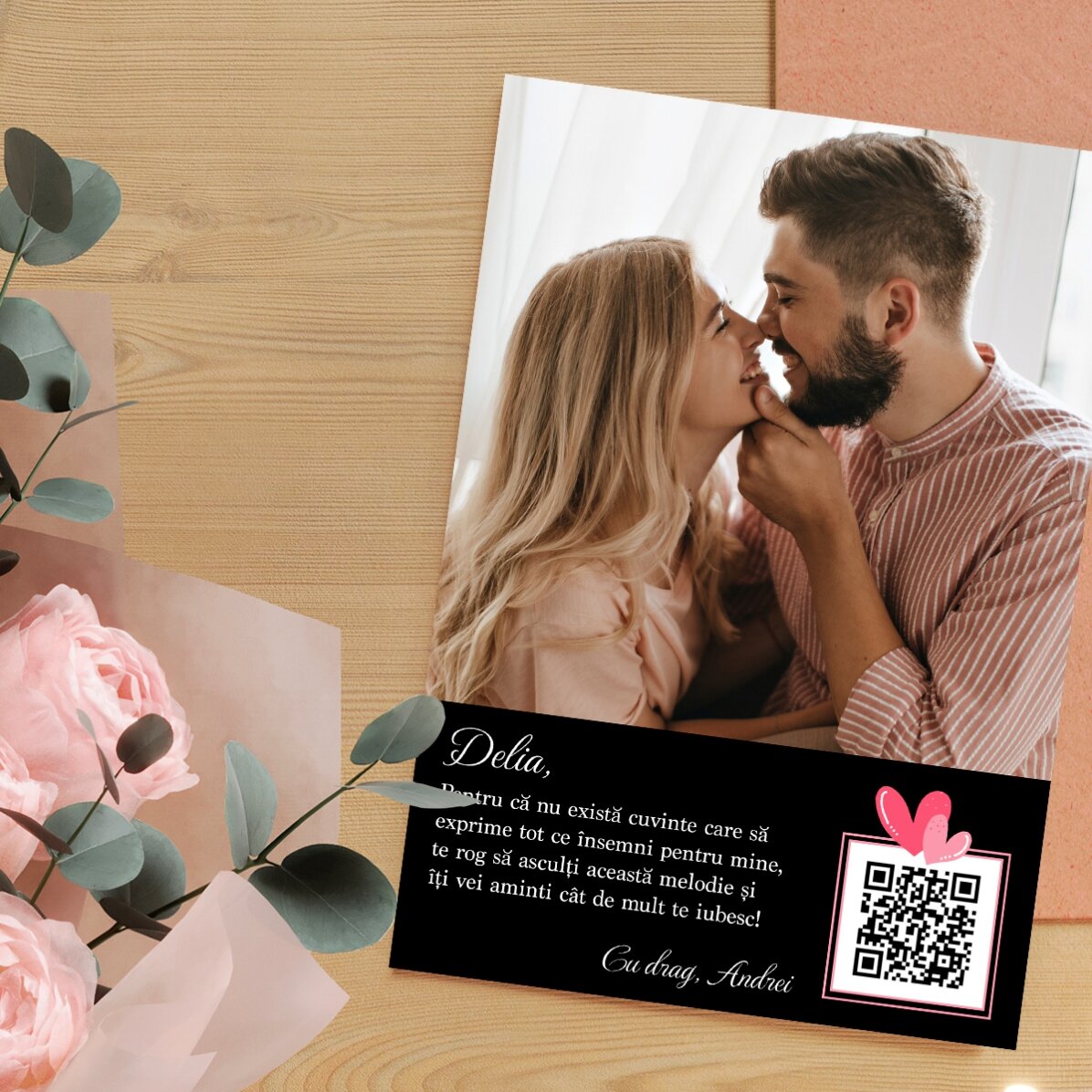 Personalisierte Karte mit Foto, Text und QR-Code – Love