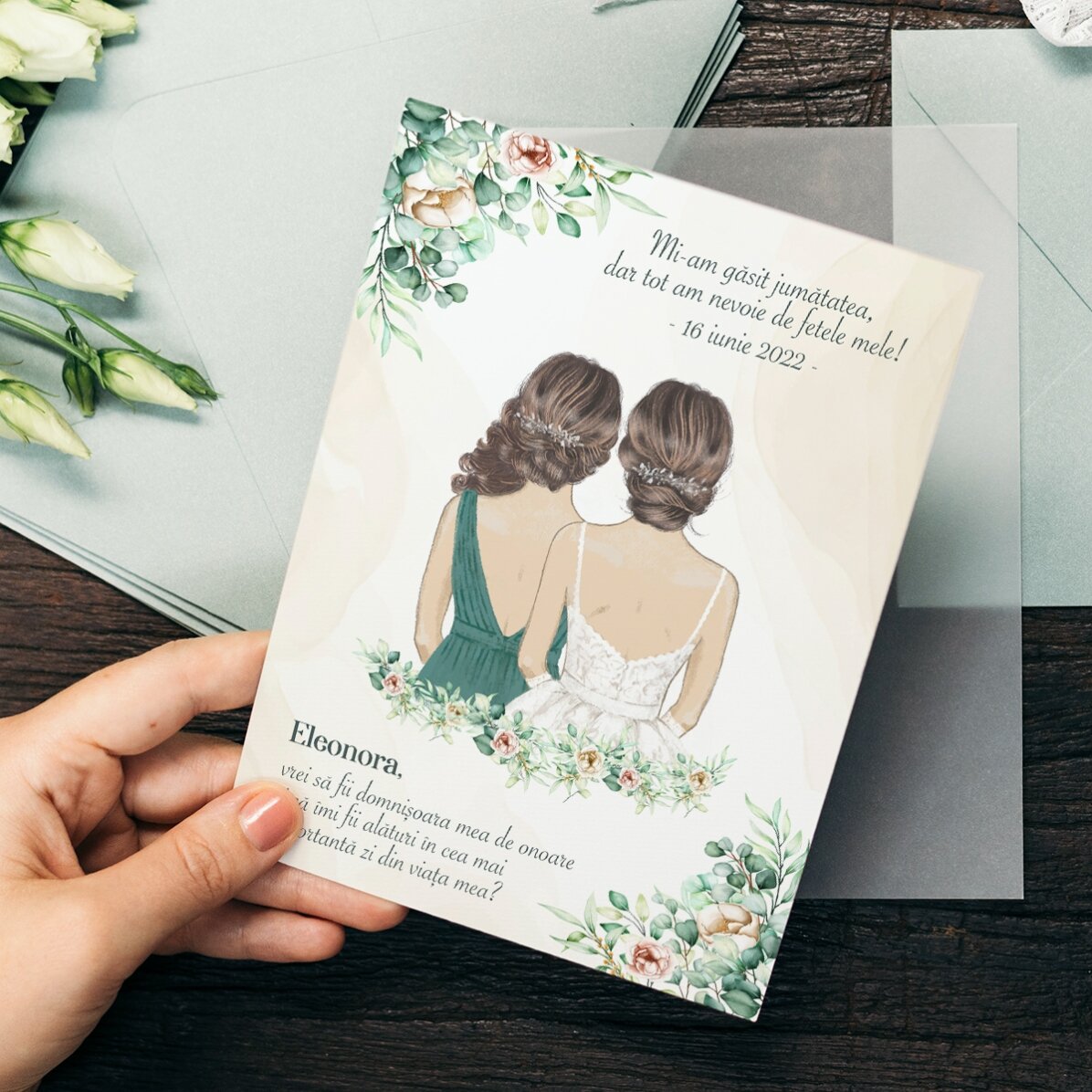 Personalisierte Karte mit Text für die Brautjungfern