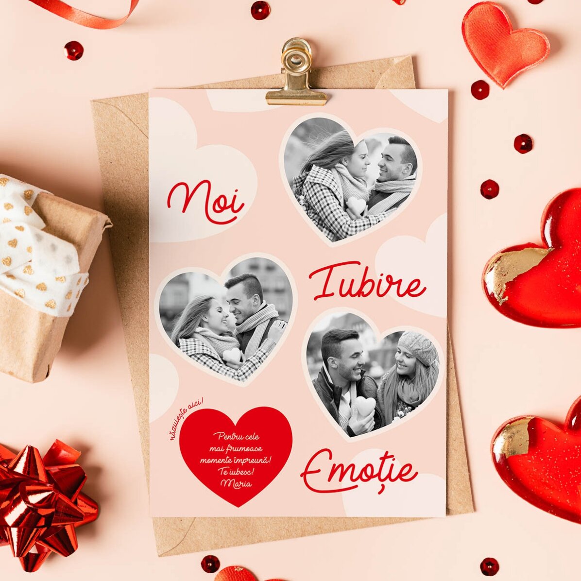 Individuell gestaltete Rubbelkarte mit 3 Fotos und Text – Emotionen und Liebe