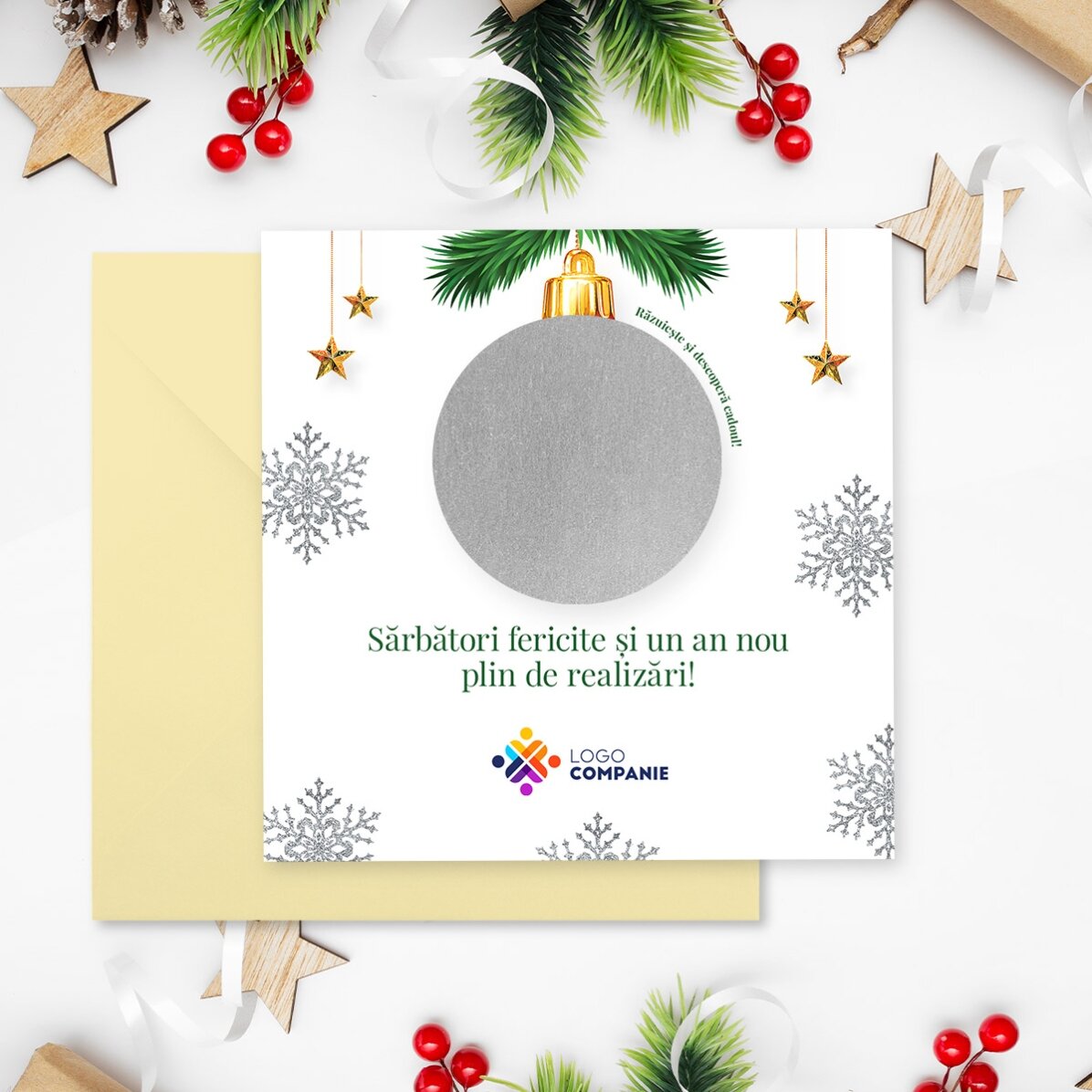 Individuell gestaltete Rubbelkarte mit Logo und Botschaft – Weihnachtsüberraschung