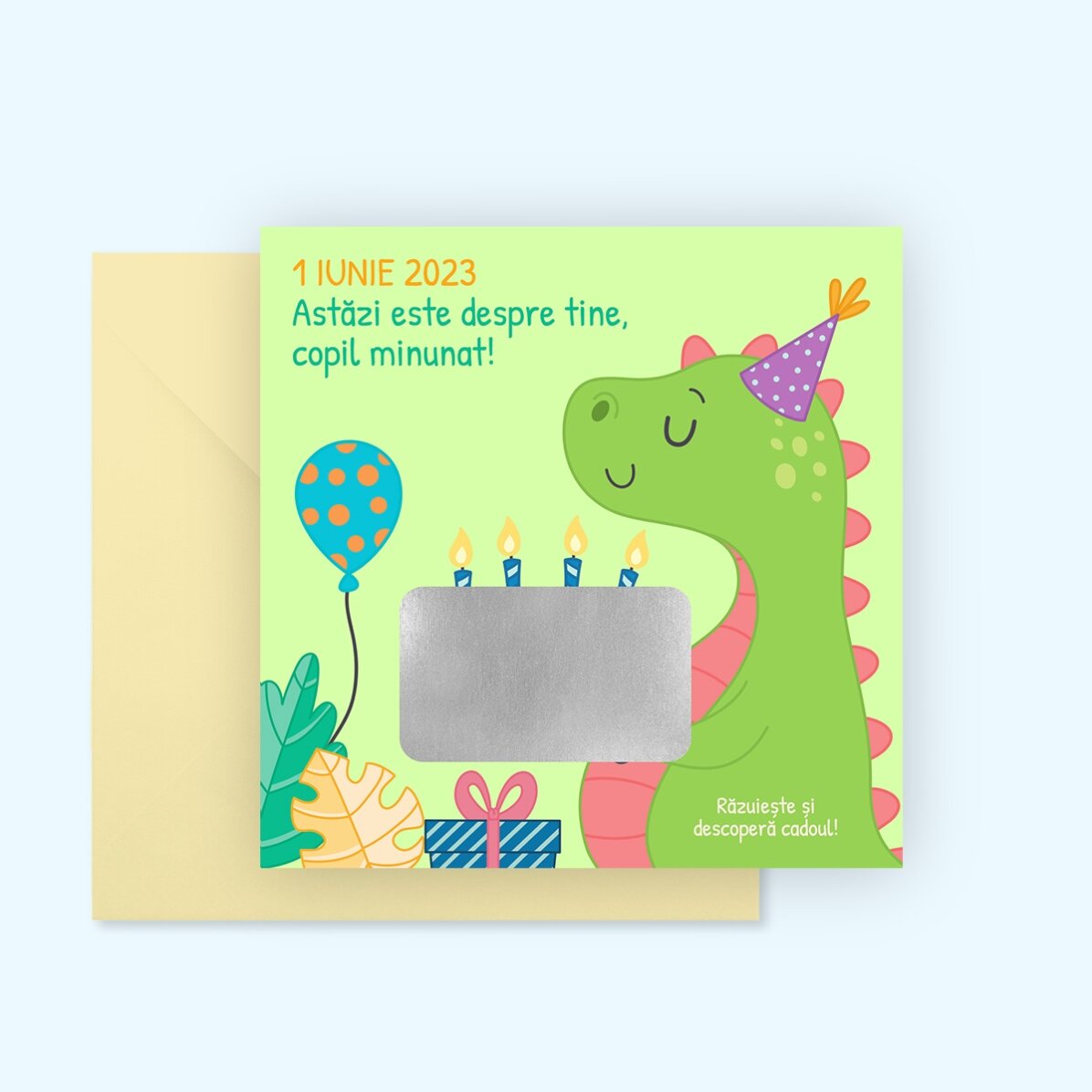 Personalisierte Rubbelkarte mit Botschaft für Kinder – Dino
