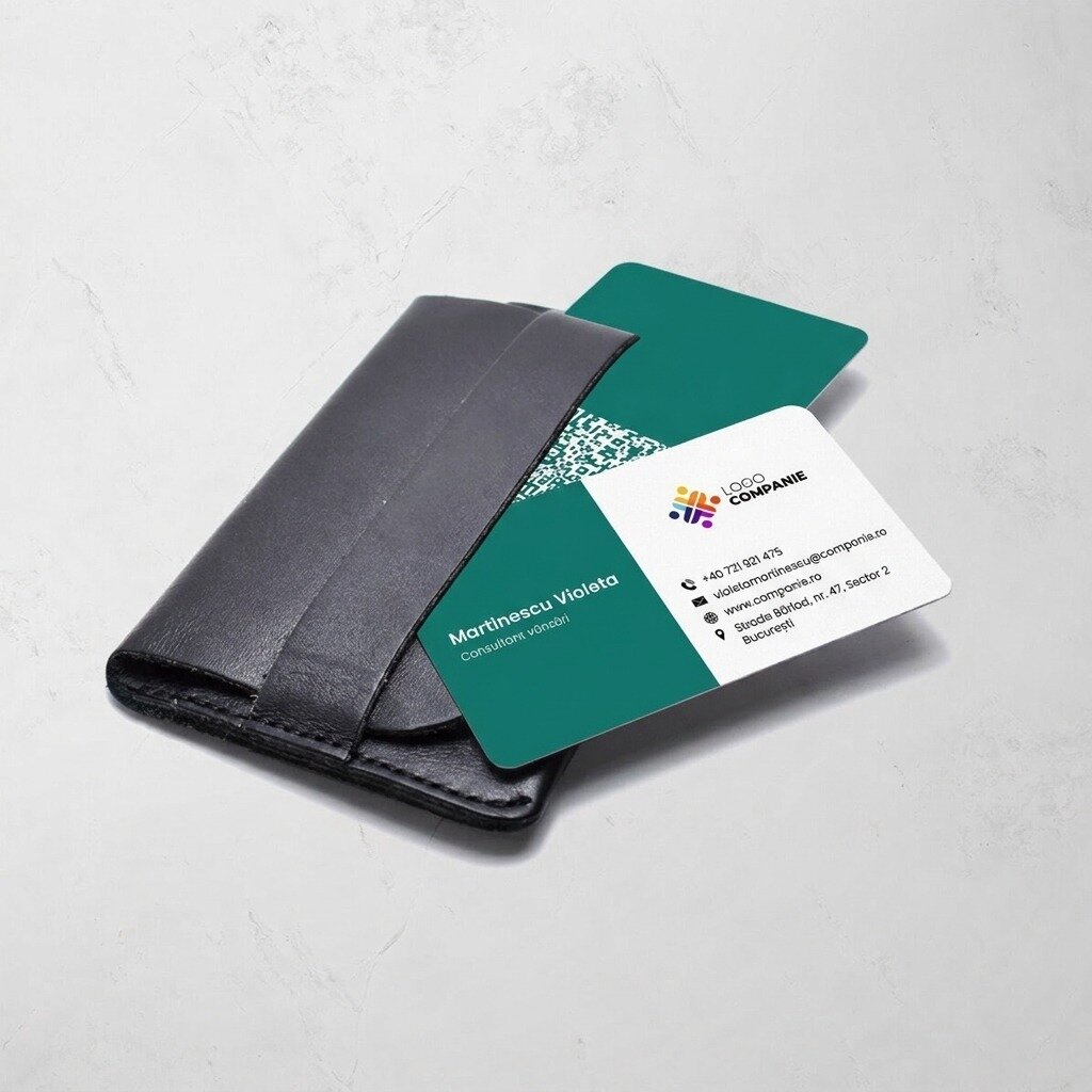 Personalisierte Visitenkarte aus Aluminium, Design mit farbigem Streifen, Logo und QR-Code