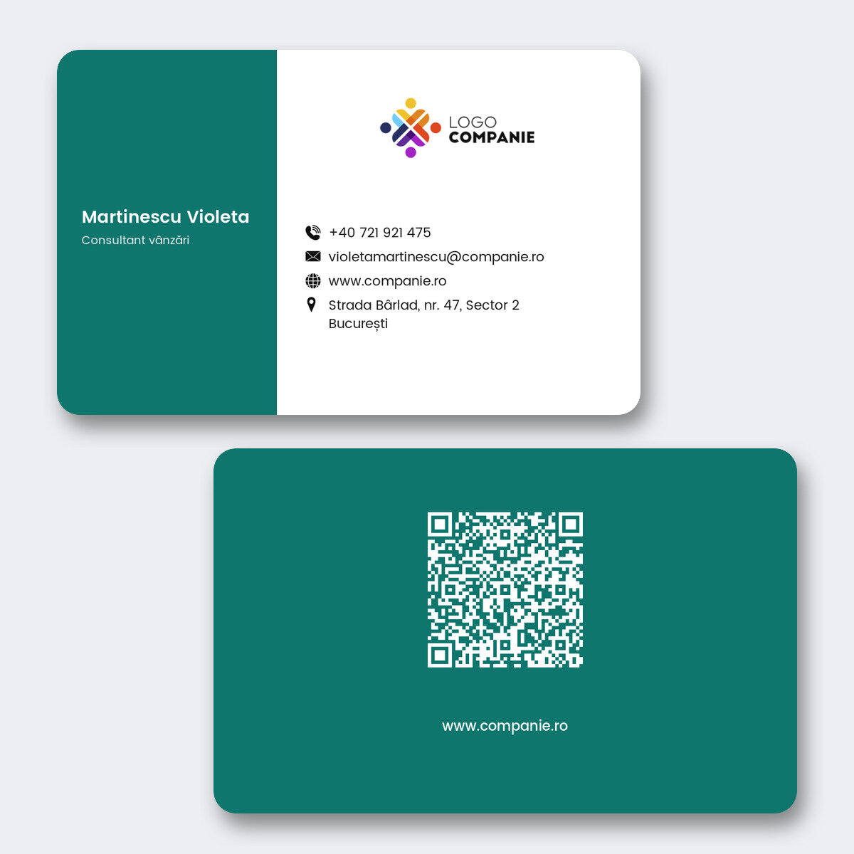 Personalisierte Visitenkarte aus Aluminium, Design mit farbigem Streifen, Logo und QR-Code