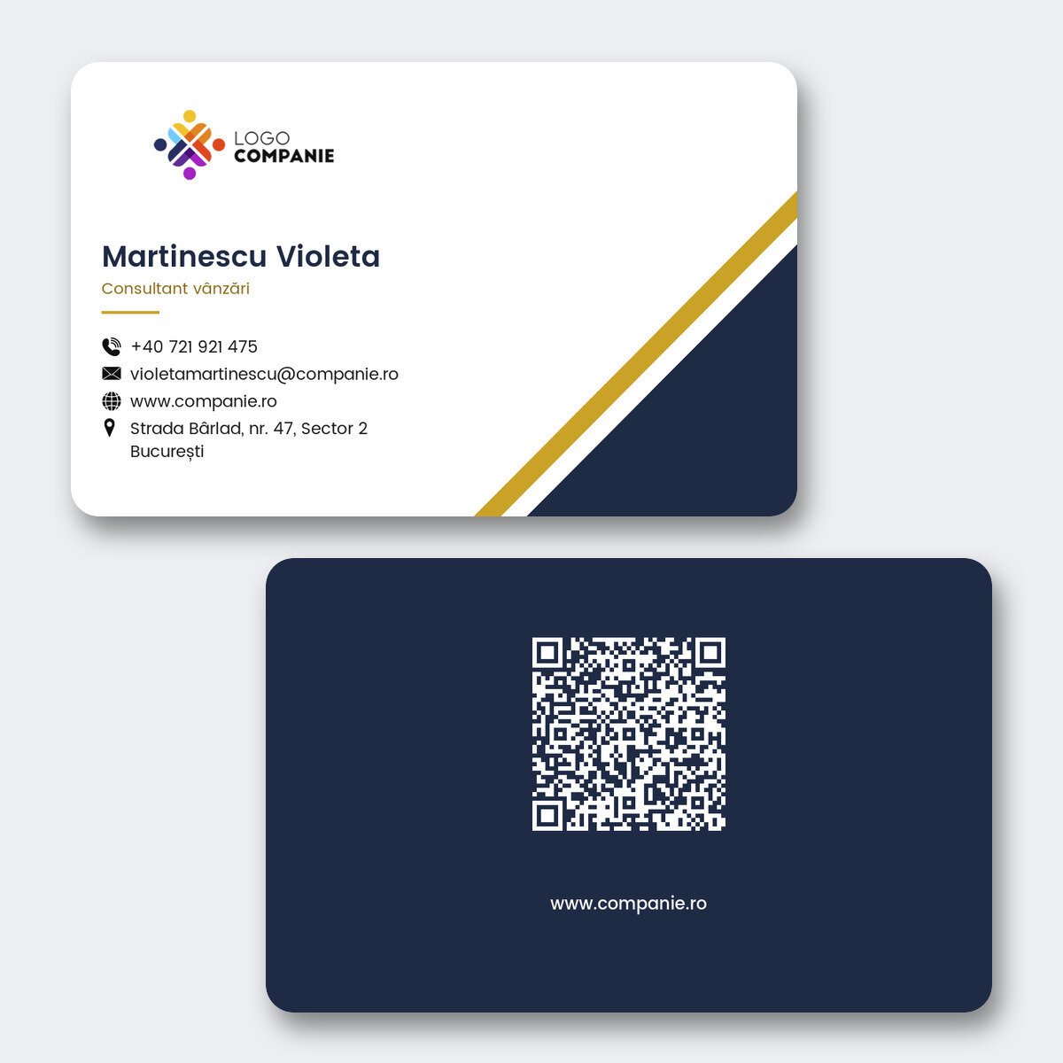 Individuell gestaltete Visitenkarte aus Aluminium, geometrisches Design, Logo und QR-Code