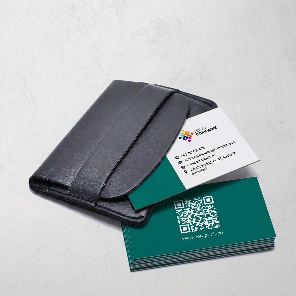 Individuell gestaltete Visitenkarten aus Papier, Design mit farbigem Streifen, Logo und QR-Code