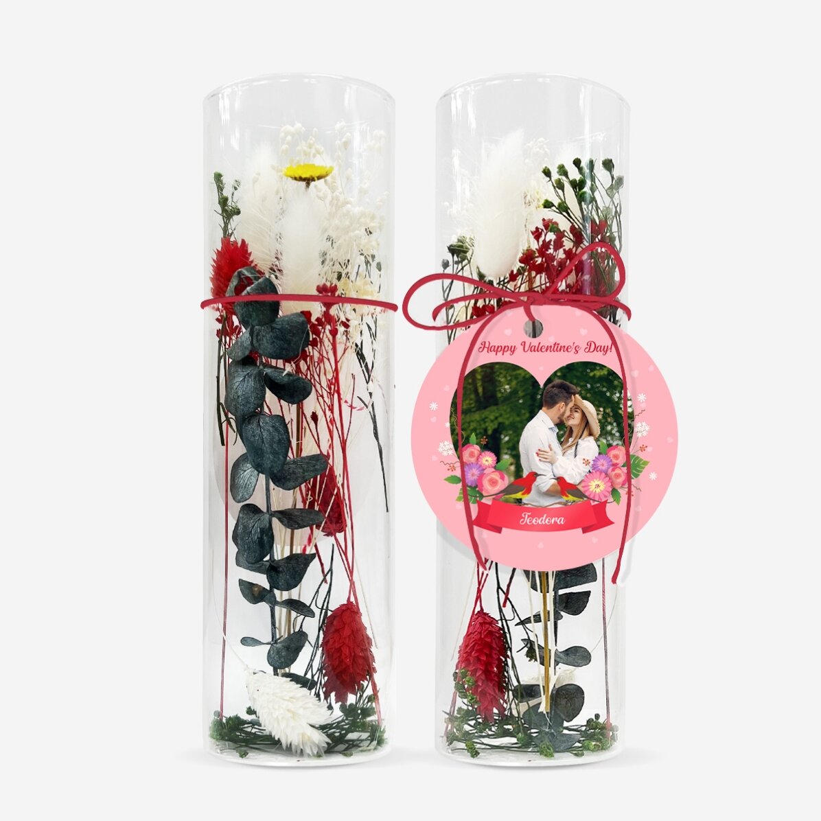 Glasornament mit konservierten Blumen, individuell gestaltet mit Text und Foto – Love