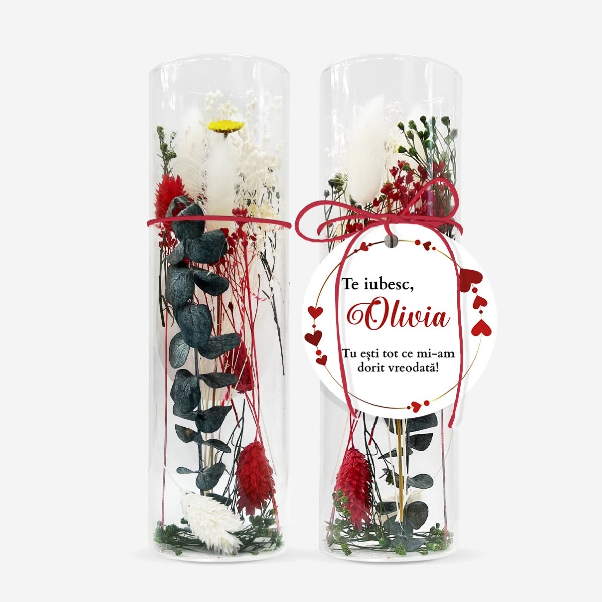 Glass ornament with preserved flowers personalised with text - I love you