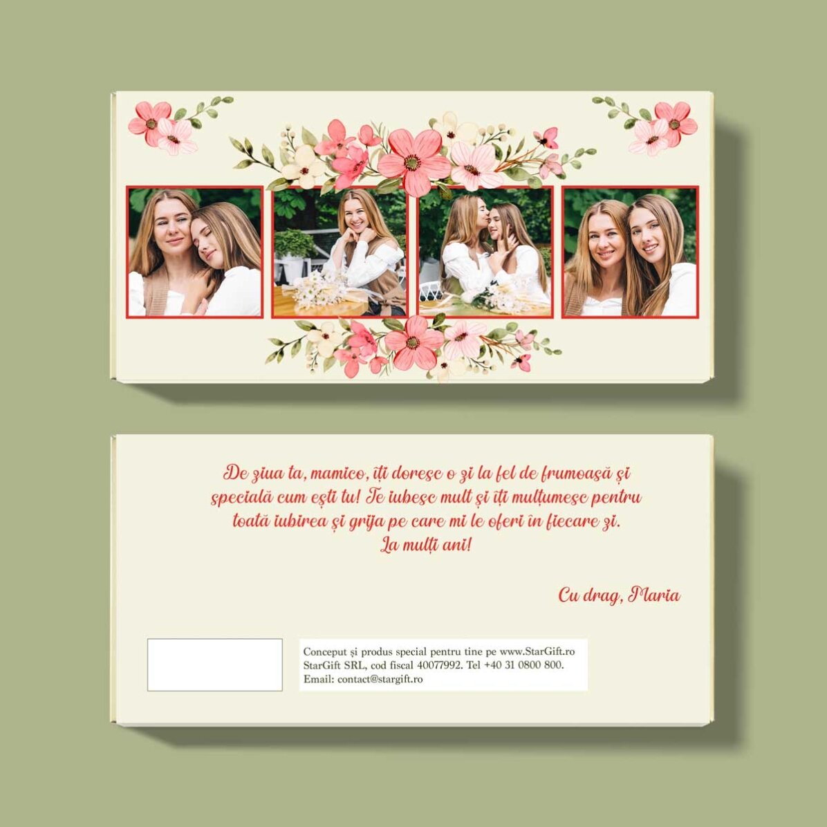 Personalisierte Schokolade mit 4 Fotos und einer Botschaft – Flowers