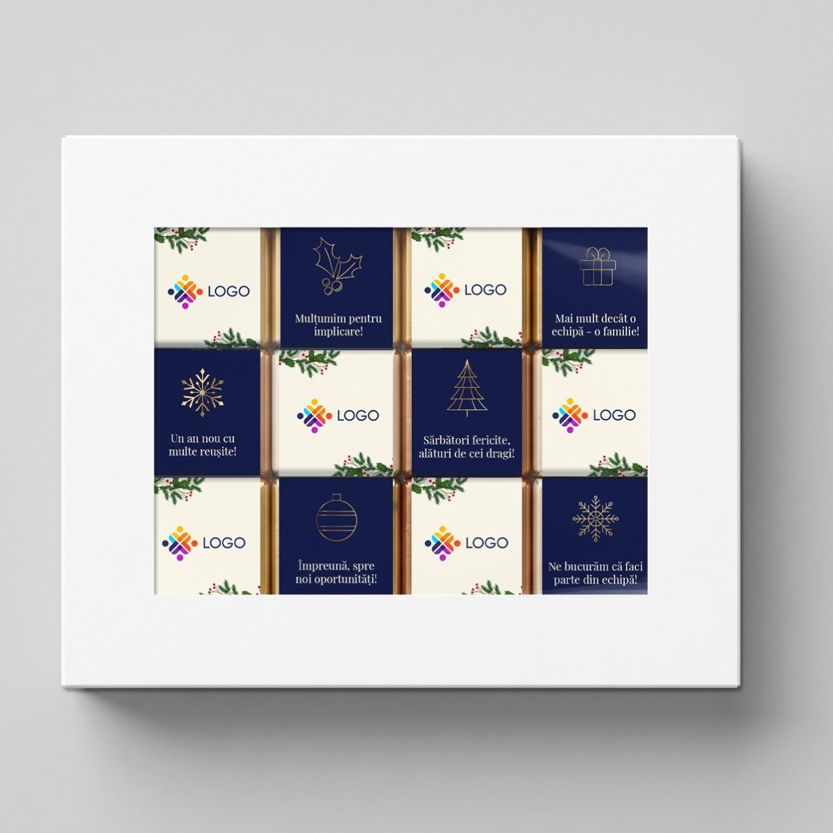 Geschenkbox mit 12 personalisierten Mini-Pralinen mit Logo und Weihnachtsbotschaft