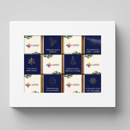 Geschenkbox mit 12 personalisierten Mini-Pralinen mit Logo und Weihnachtsbotschaft