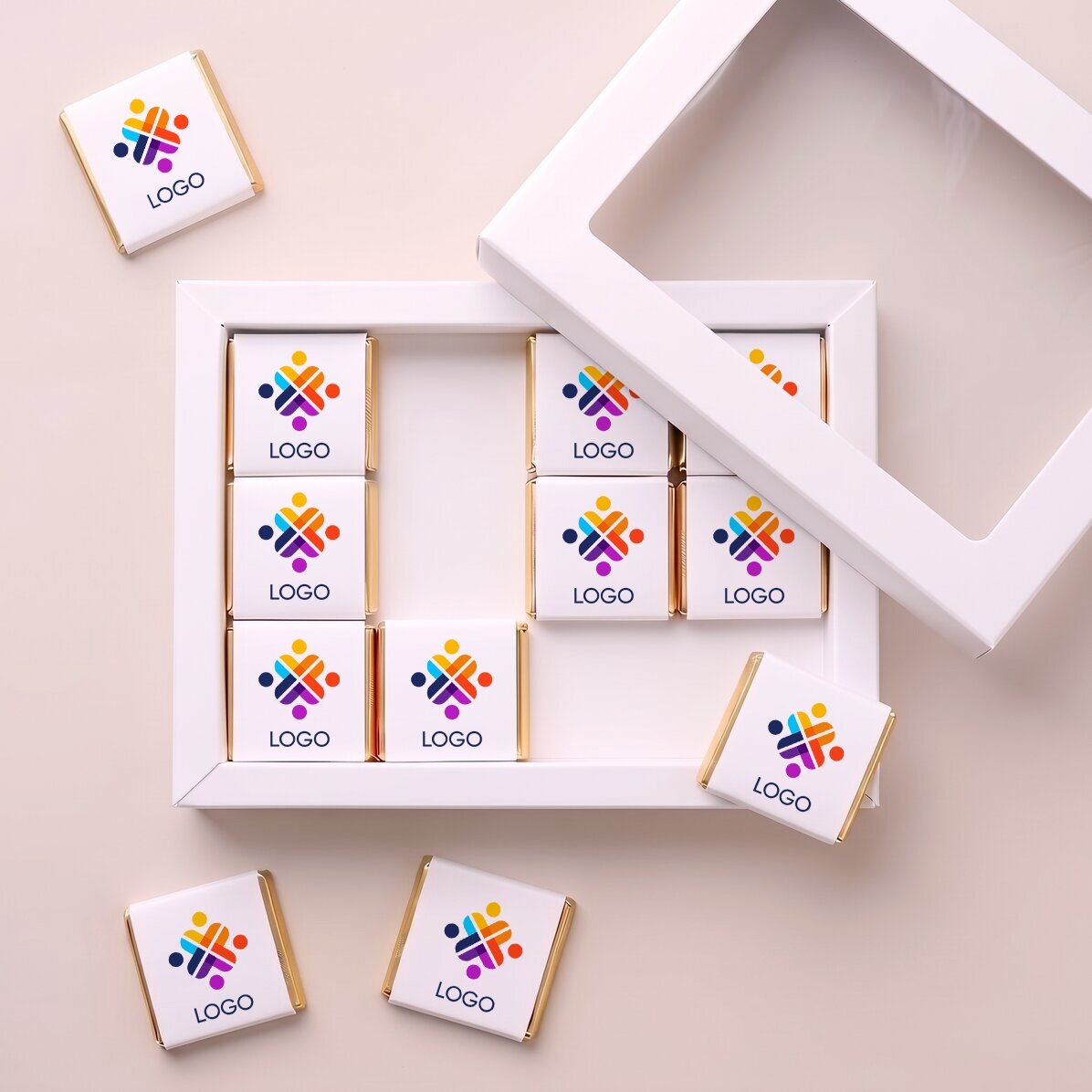 Geschenkbox mit 12 personalisierten Mini-Pralinen mit Logo