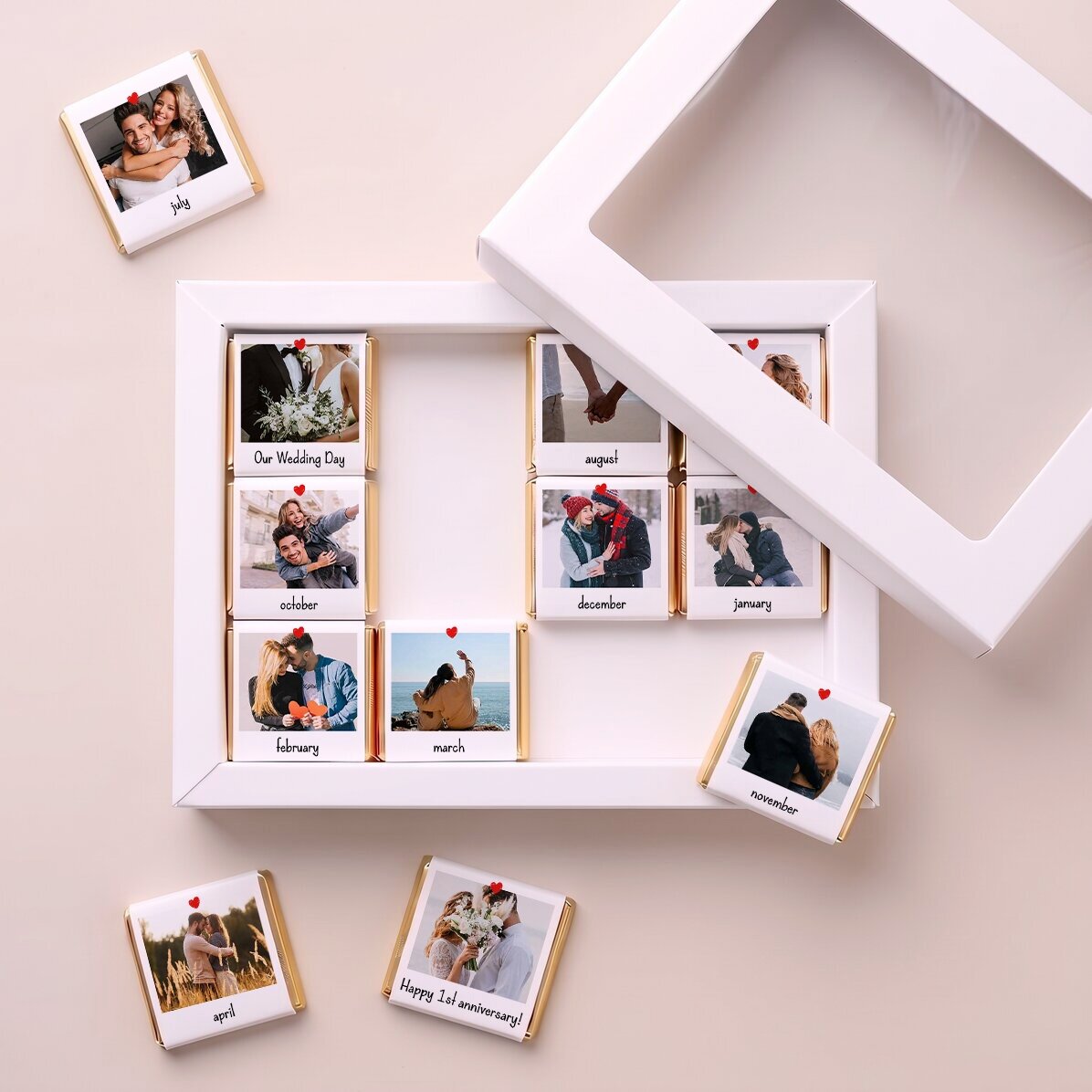 Geschenkbox mit 12 personalisierten Mini-Pralinen mit Fotos und Botschaften – Our Story