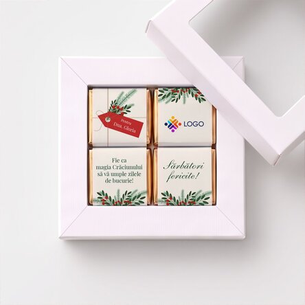Geschenkbox mit 4 personalisierten Mini-Pralinen mit Logo und Weihnachtsbotschaft