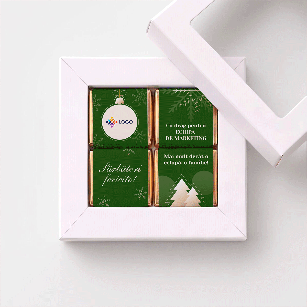 Geschenkbox mit 4 personalisierten Mini-Pralinen mit Logo und Botschaft für das Team