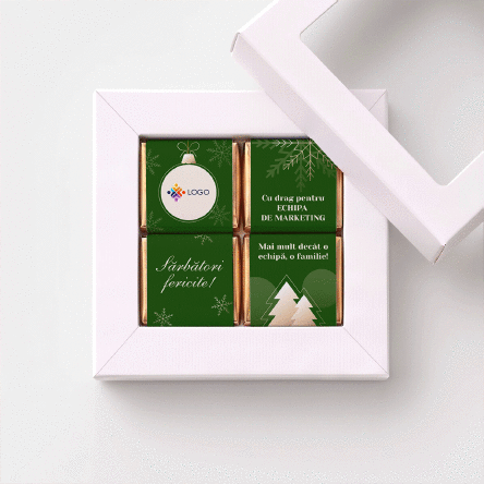 Geschenkbox mit 4 personalisierten Mini-Pralinen mit Logo und Botschaft für das Team