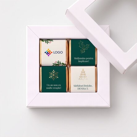 Geschenkbox mit 4 personalisierten Mini-Pralinen mit Logo und Grußtext – Frohe Feiertage!