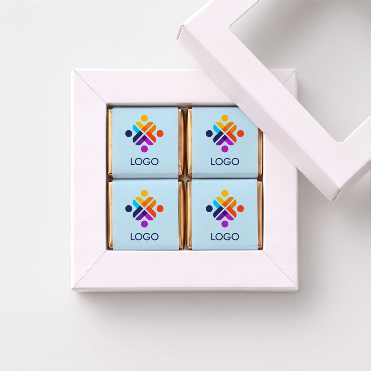 Geschenkbox mit 4 personalisierten Mini-Pralinen mit Logo
