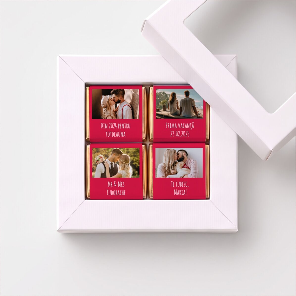 Geschenkbox mit 4 Mini-Pralinen, individuell gestaltet mit Fotos und einer Botschaft