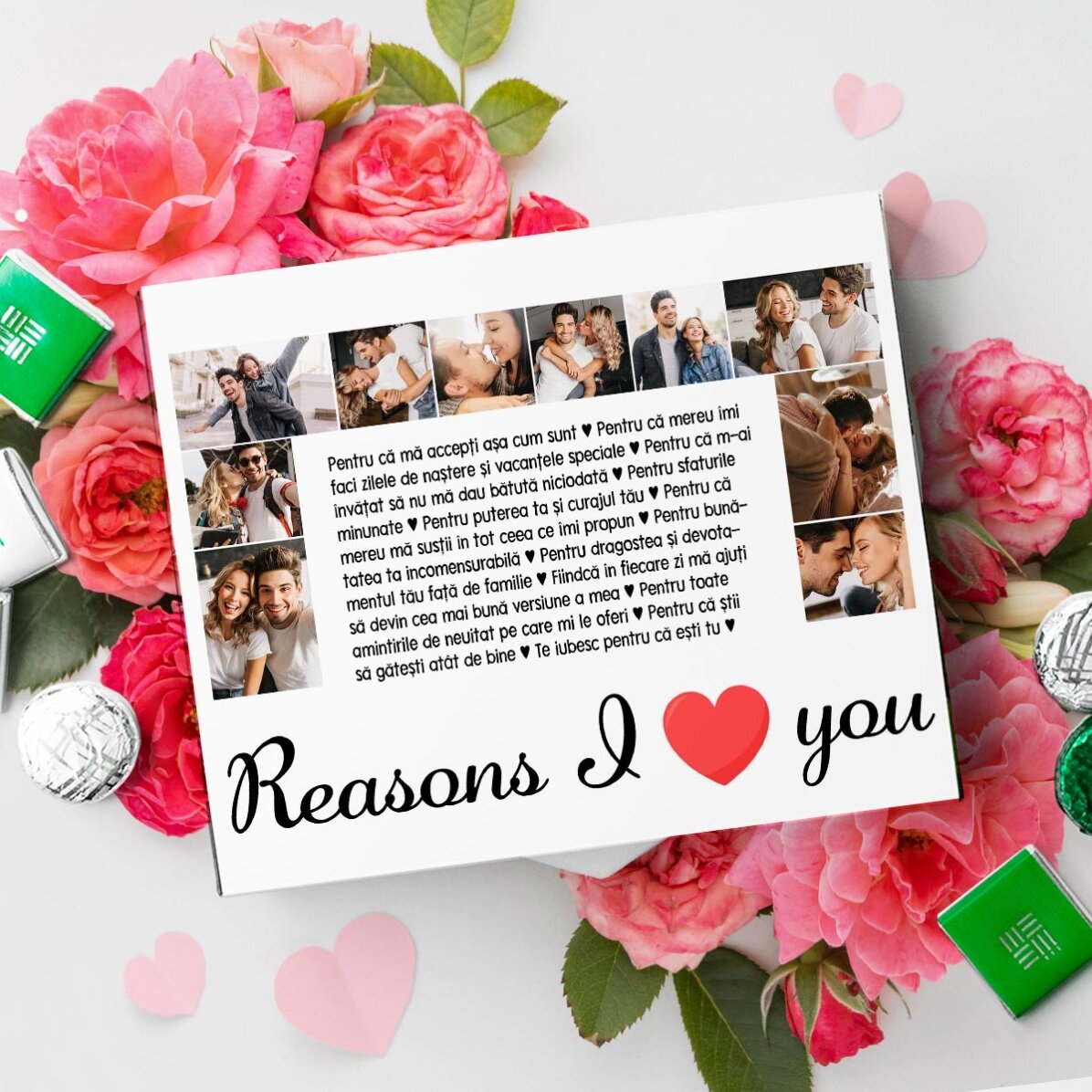 Personalisierte Pralinenschachtel mit 20 Fotos und Text – Gründe, warum ich dich liebe