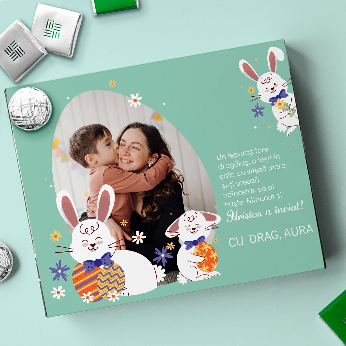 Personalisierte Pralinenschachtel mit Foto und Botschaft – Hase