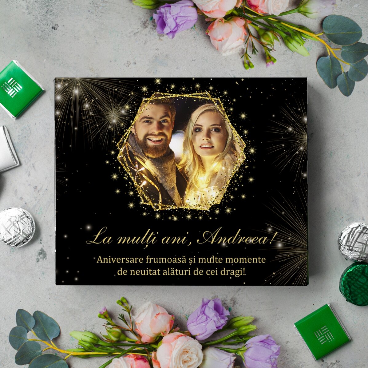 Personalisierte Pralinenschachtel mit Foto und Text – Golden