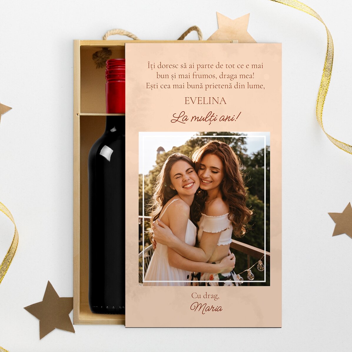 Weinkiste für 2 Flaschen, personalisiert mit einem Foto und einer Botschaft – Mit lieben Grüßen