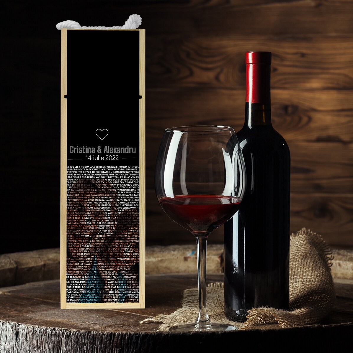 Personalisierte Weinkiste mit Foto und Text – Ich liebe dich in 100 Sprachen