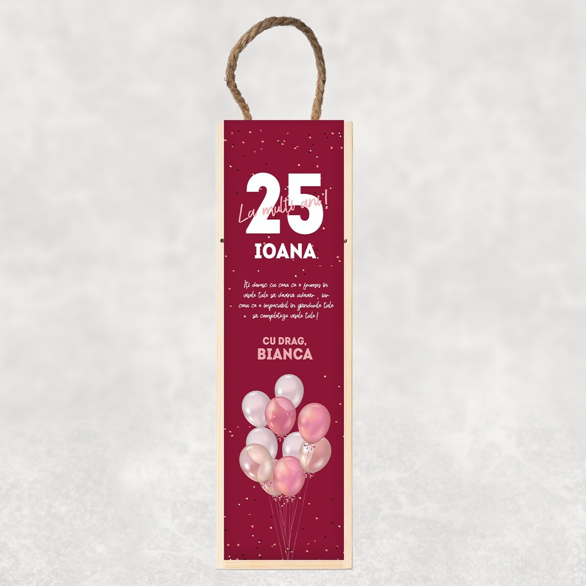 Personalisierte Weinkiste mit Text zum Geburtstag – Luftballons