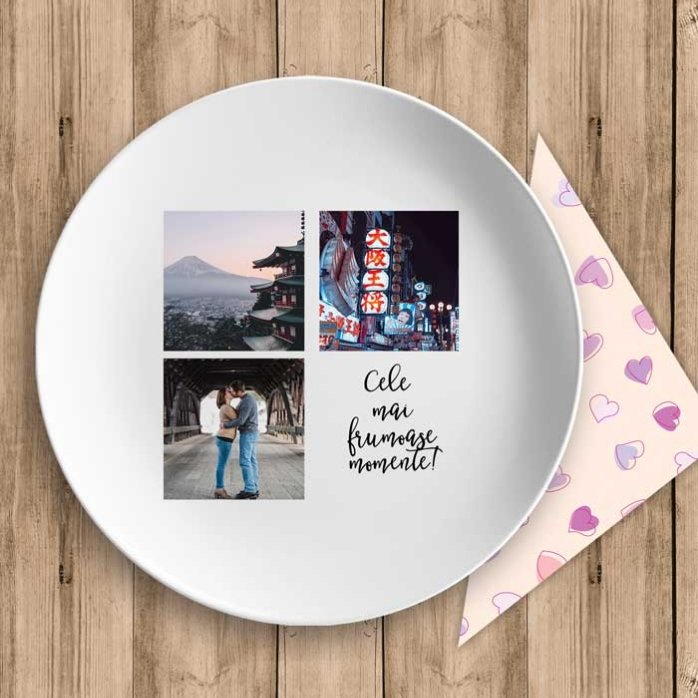 Personalisierter Teller mit 3 Fotos und Text