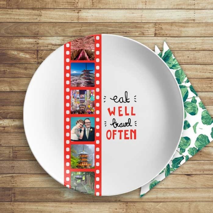 Personalisierter Teller mit 6 Fotos – Eat well, travel often
