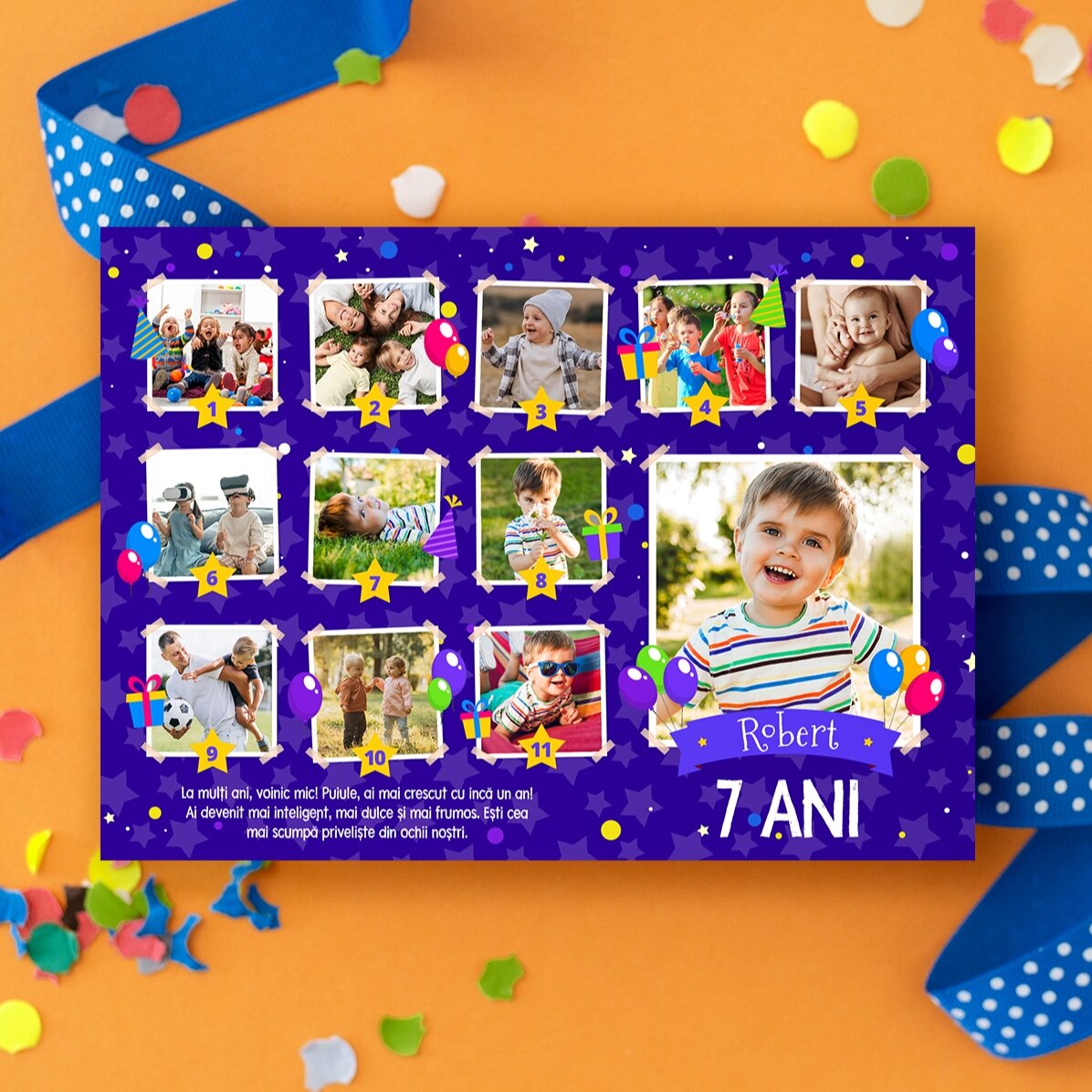 Personalisierte Magnetkarte mit 12 Fotos und einer Botschaft für Kinder – Geburtstag