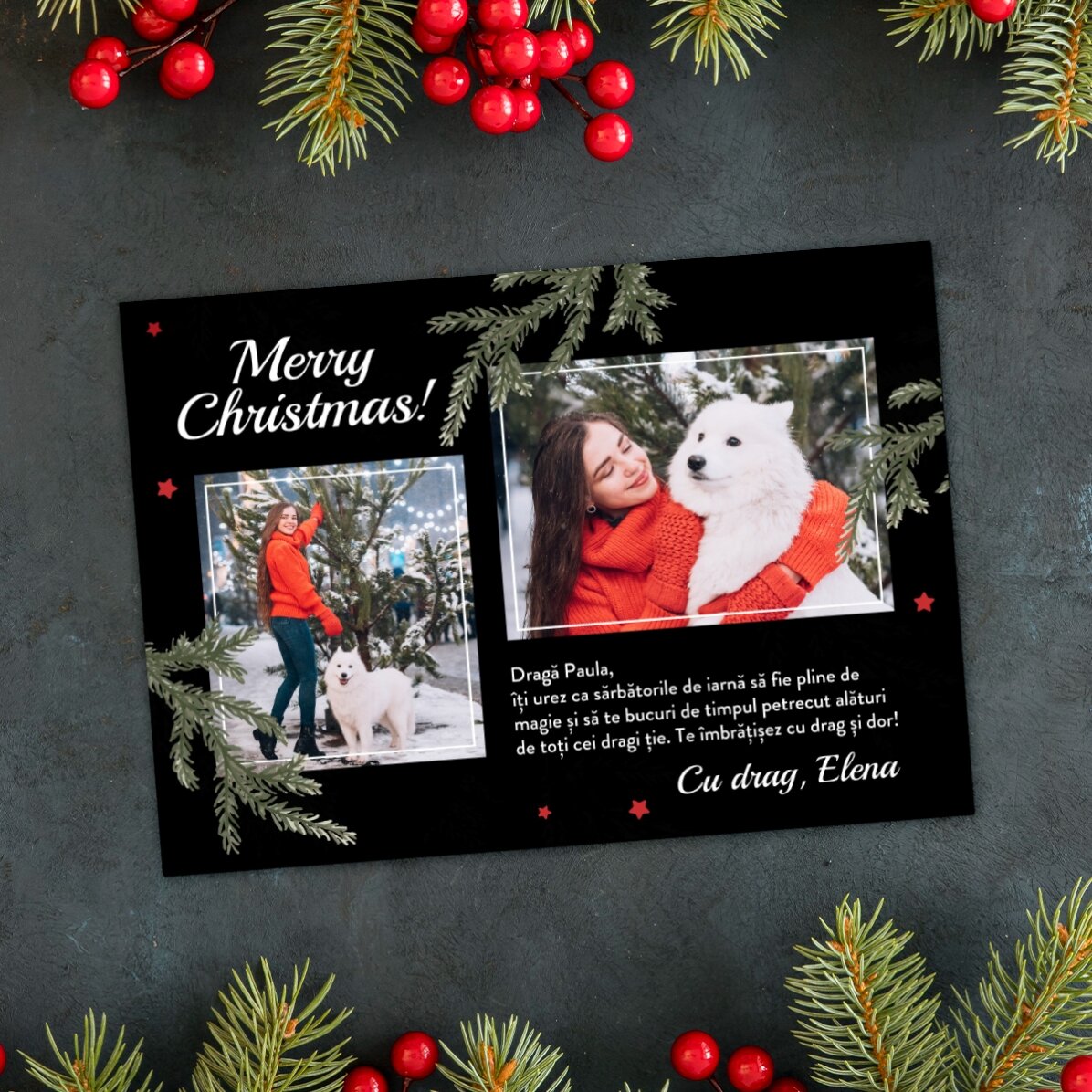 Personalised magnetic card with 2 photos and Christmas message