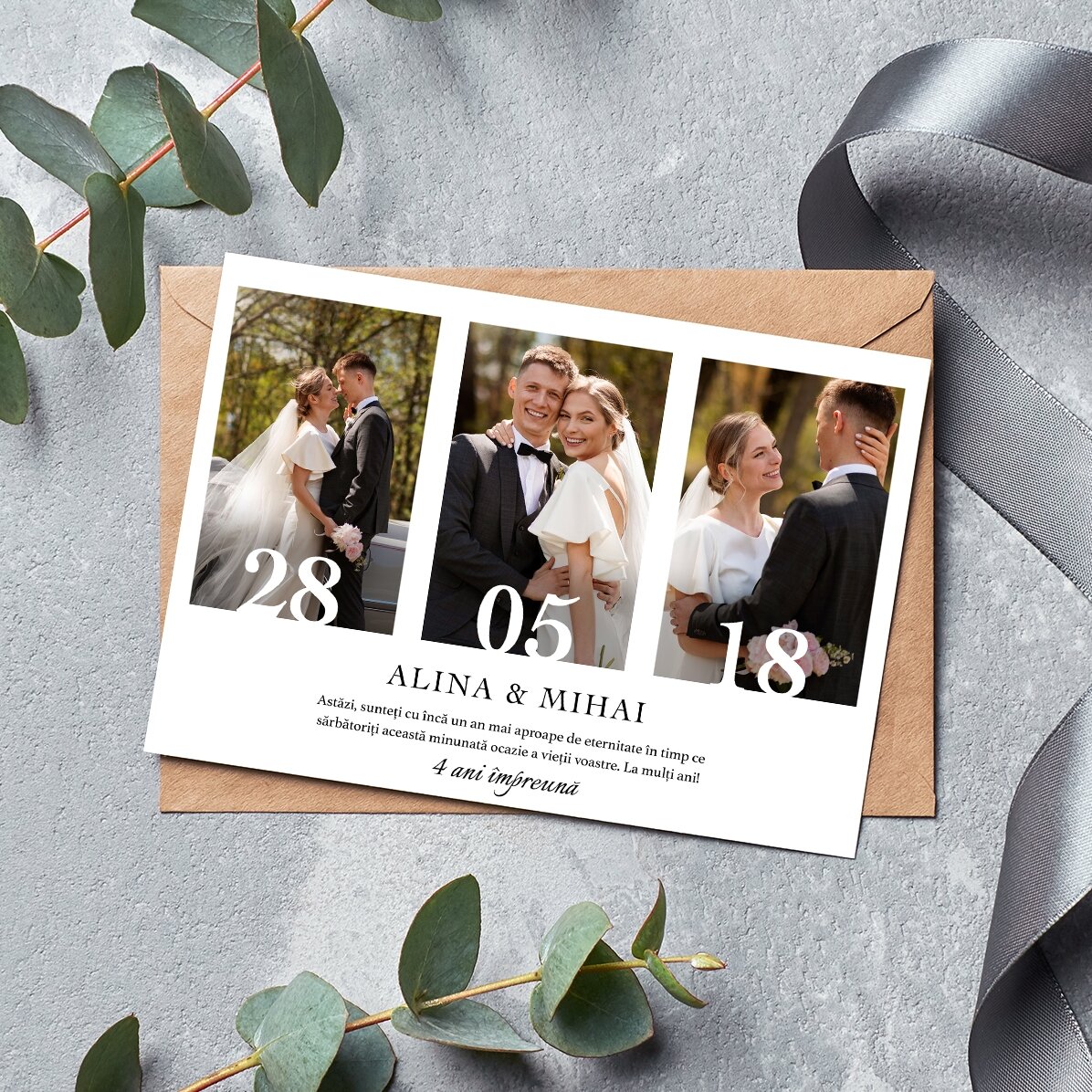 Personalisierte Magnetkarte mit 3 Fotos und Text zum Hochzeitstag