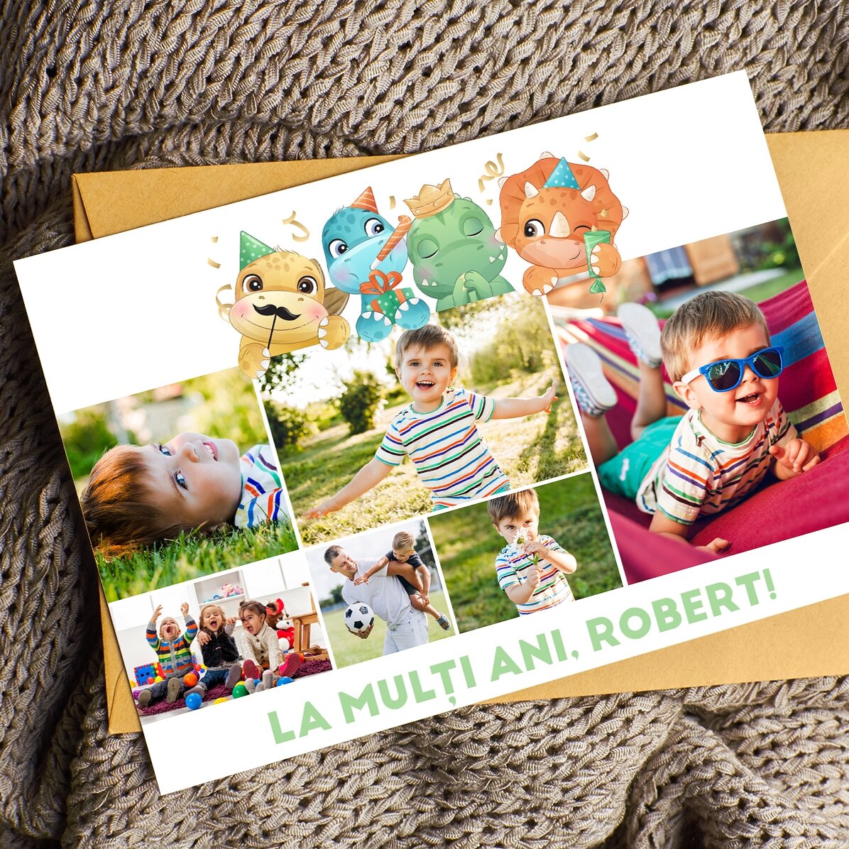 Personalisierte Magnetkarte mit 6 Fotos und Text – Dinosaurier