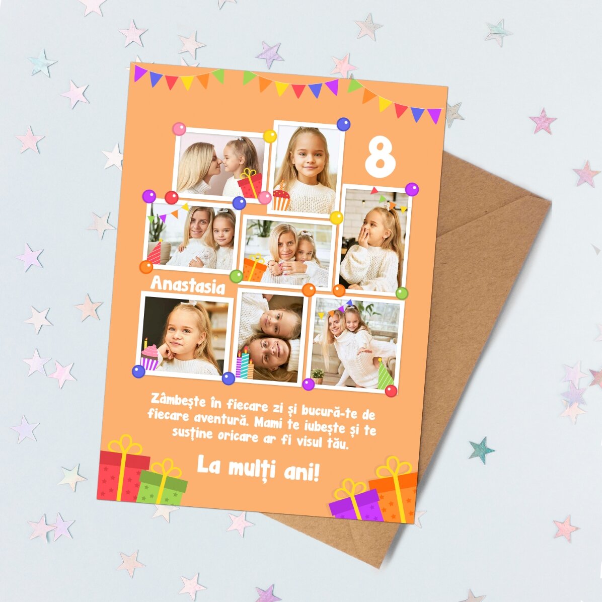 Personalisierte Magnetkarte mit 8 Fotos und einer Botschaft für Kinder – Geburtstag