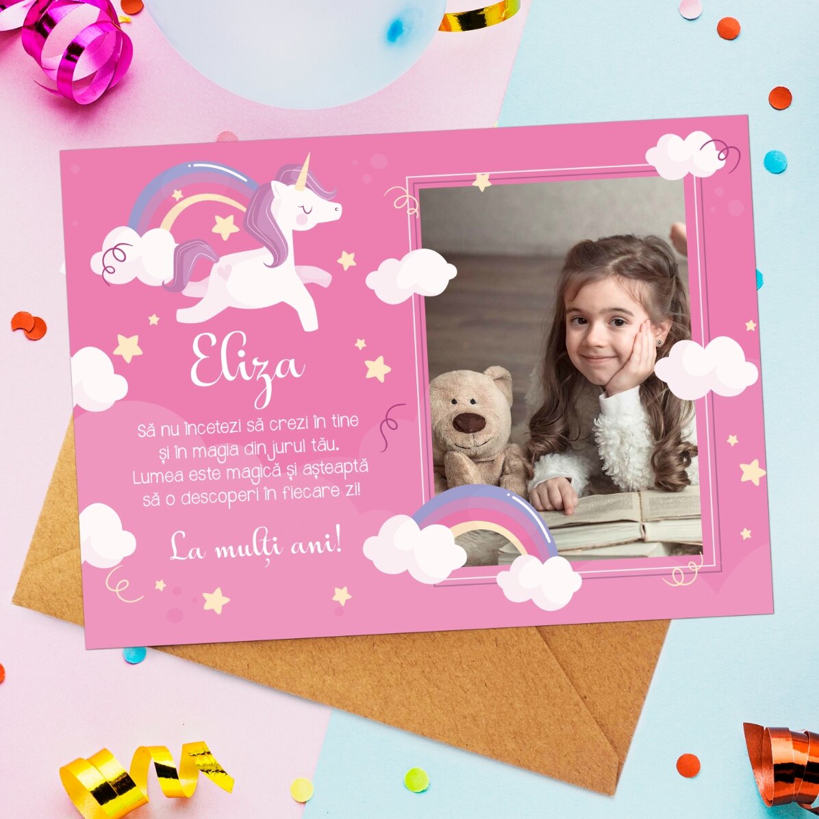 Personalisierte Magnetkarte mit Foto und Grußtext für Kinder – Einhorn