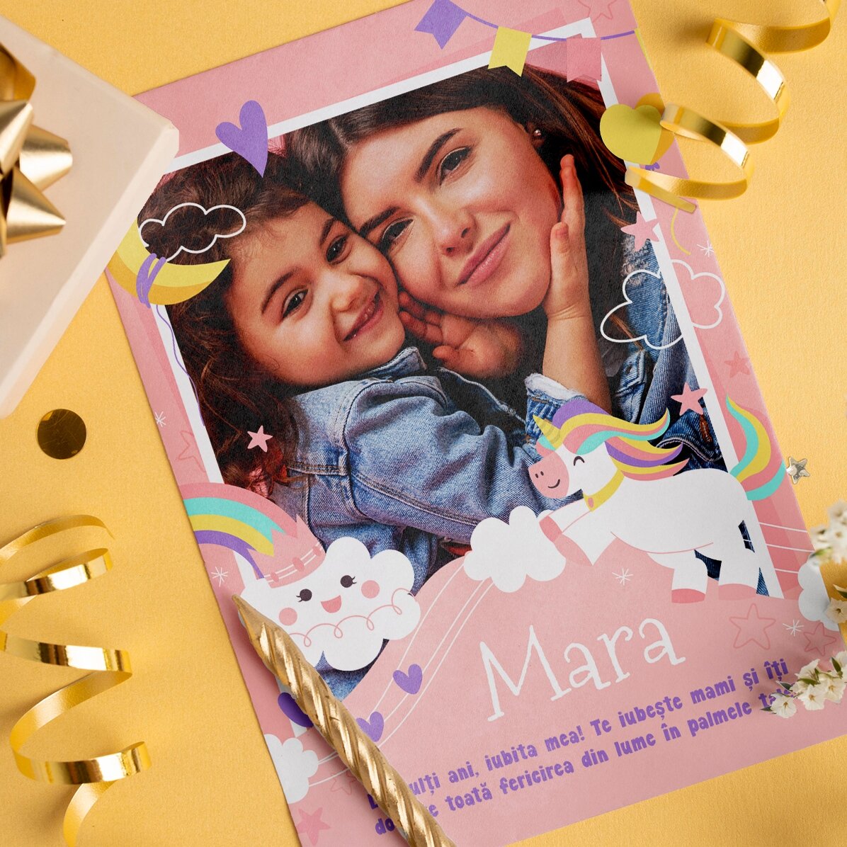 Personalisierte Magnetkarte mit Foto und Text – Regenbögen und Einhörner