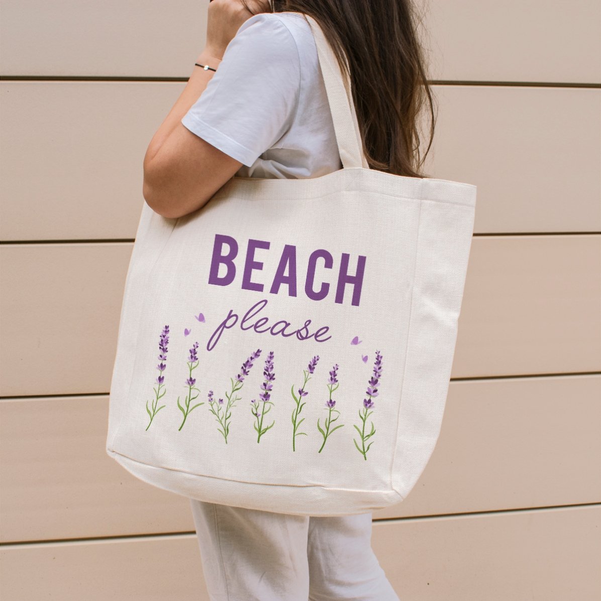 Personalisierte Strandtasche mit Schriftzug – Modell „Beach please“ in Lavendel