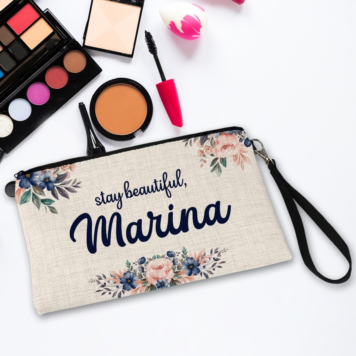 Personalisierte Accessoire-Tasche mit Text – Floral