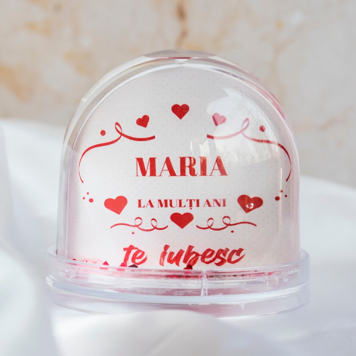 Personalisierte Schreibtischkugel mit Foto und Text – Fest der Liebe