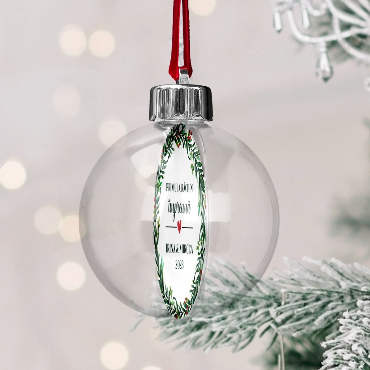 Customised double-sided transparent globe with a photo and message - First Christmas together