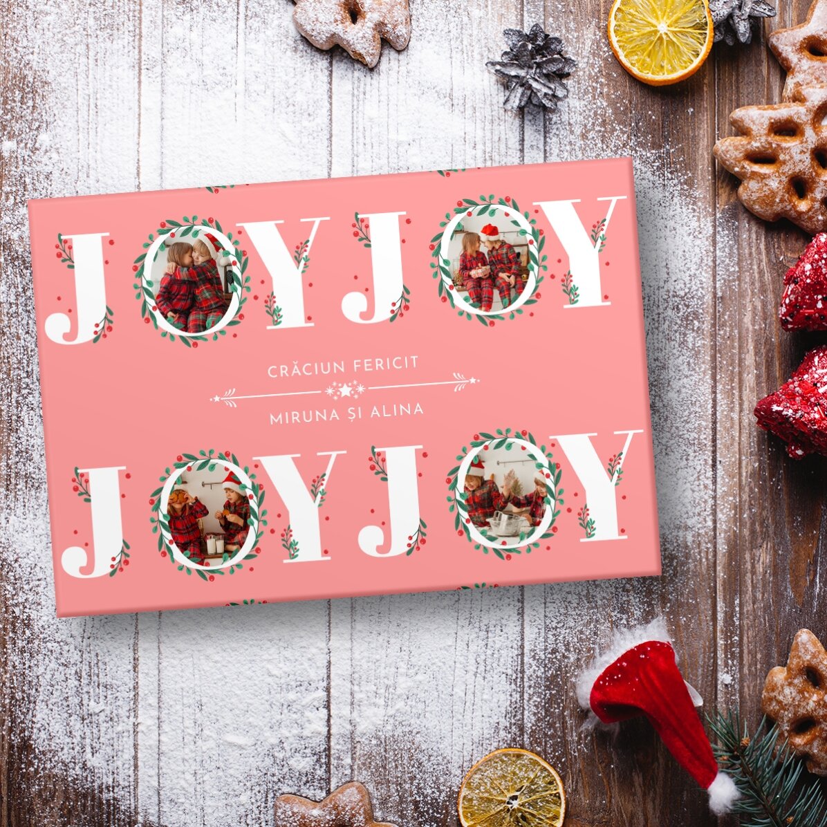 Personalised gift wrapping paper with 12 photos and text - Joy